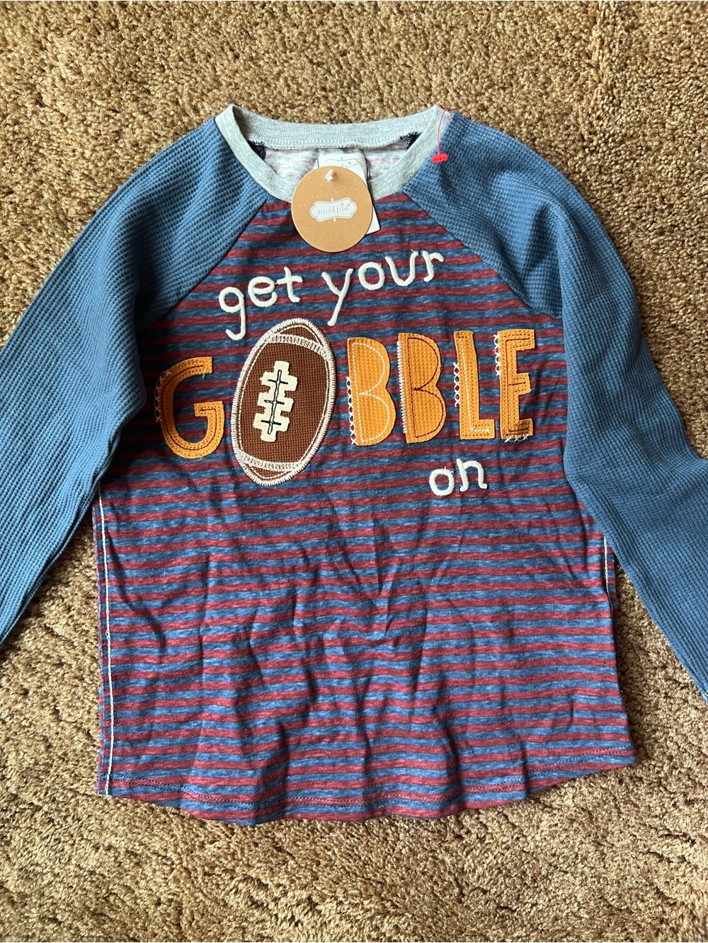 Mud Pie Thanksgiving Blue & Red Striped 'Get Your Gobble On' Long-Sleeve Shirt